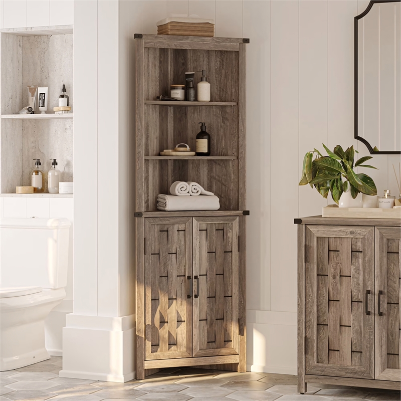 Narrow Farmhouse Cabinet Light Brown Corner Adjustable Shelves Door