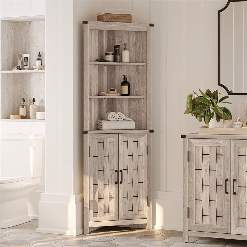 Tall Narrow Farmhouse Cabinet Light Gray Corner Adjustable Shelves Door
