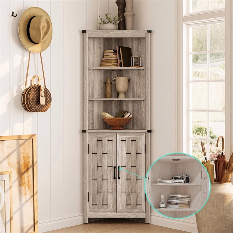 Tall Narrow Farmhouse Cabinet Light Gray Corner Adjustable Shelves Door