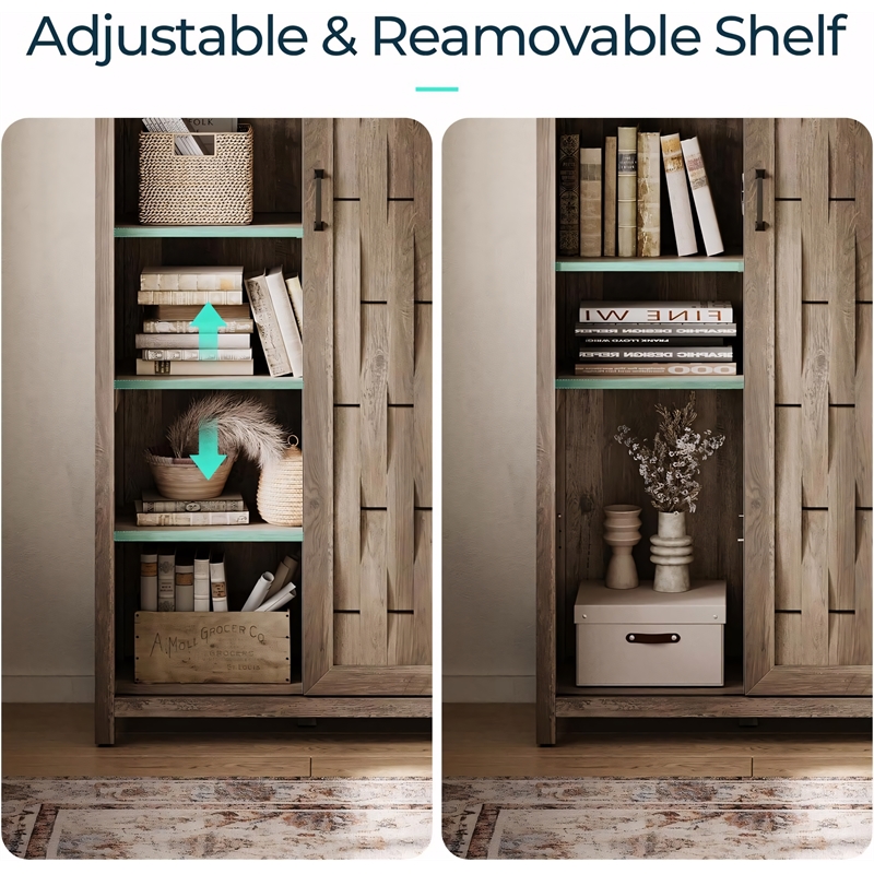 Farmhouse Bookcase 5 Adjustable Shelves Doors Living Room/Home Office