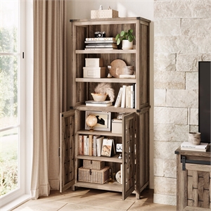 65&quot Farmhouse 6-Shelf Bookcase with Sliding Door
