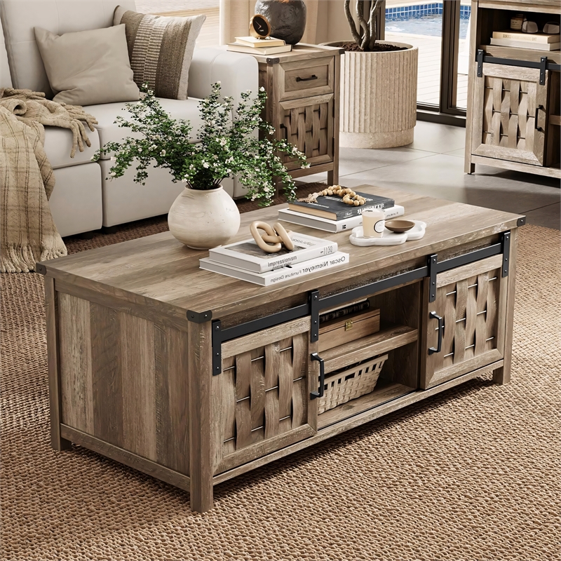 Farmhouse Coffee Table 47 Inch Sliding Barn Doors Adjustable Shelves Living Room