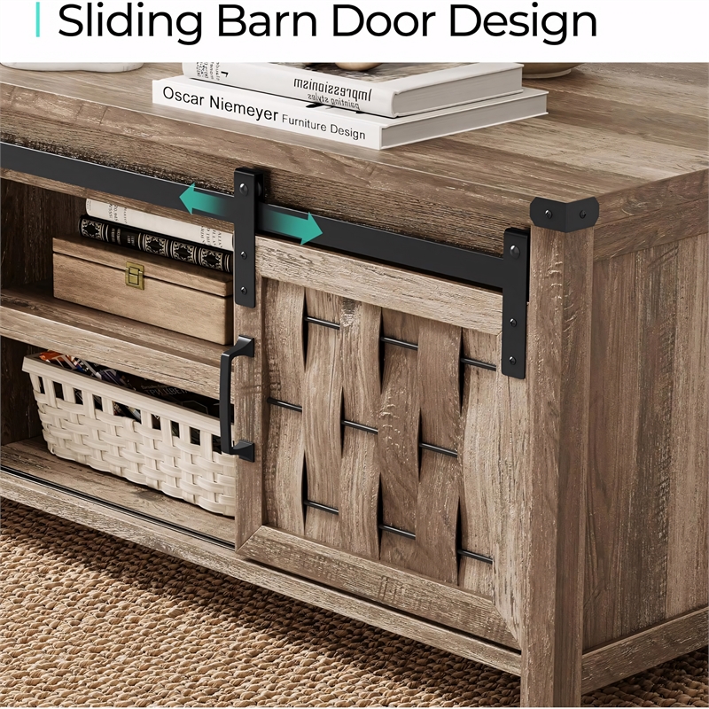 Farmhouse Coffee Table 47 Inch Sliding Barn Doors Adjustable Shelves Living Room