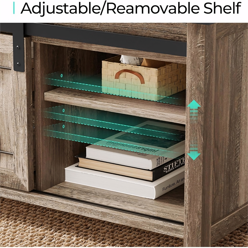 Farmhouse Coffee Table 47 Inch Sliding Barn Doors Adjustable Shelves Living Room