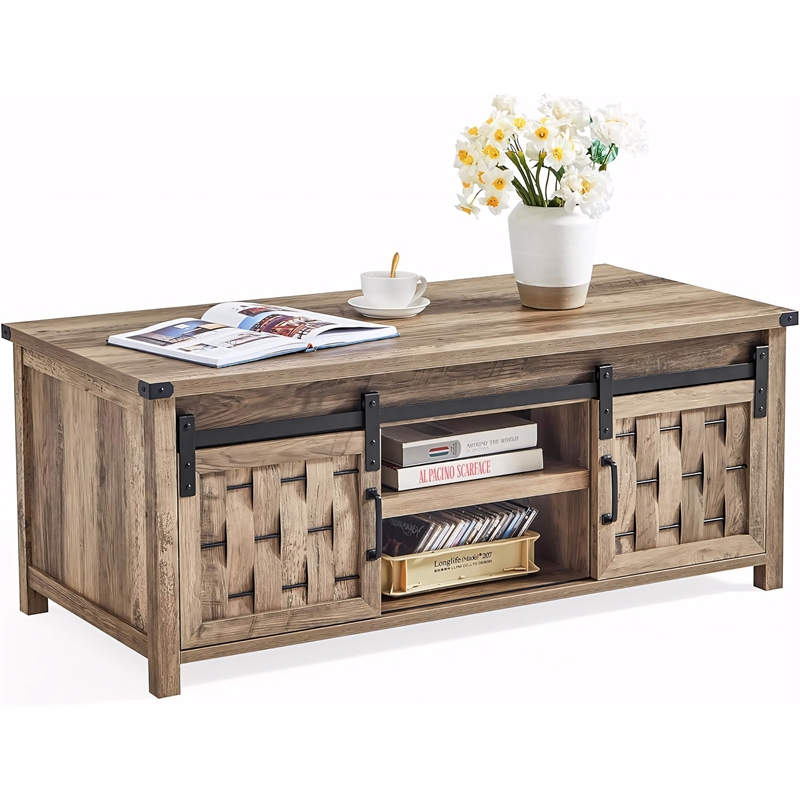 Farmhouse Coffee Table 47 Inch Sliding Barn Doors Adjustable Shelves Living Room