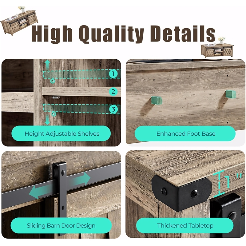 Farmhouse Coffee Table 47 Inch Sliding Barn Doors Adjustable Shelves Living Room