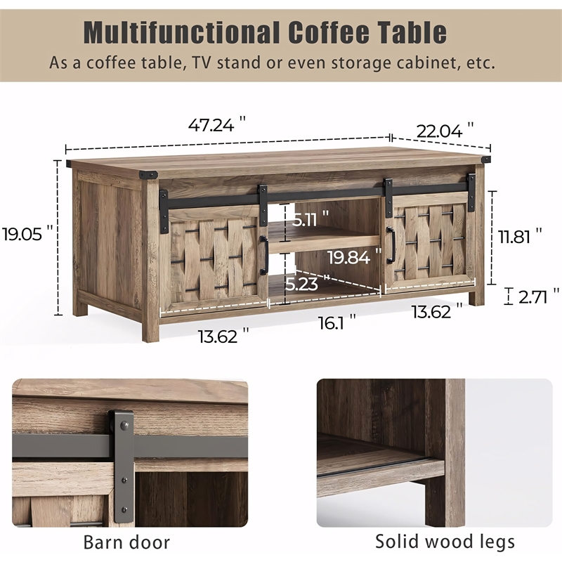 Farmhouse Coffee Table 47 Inch Sliding Barn Doors Adjustable Shelves Living Room