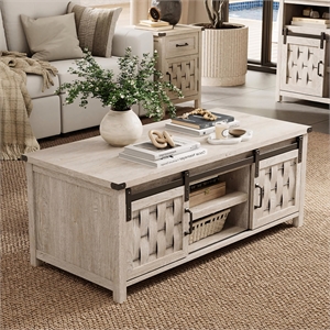 47&quot Farmhouse Coffee Table Barn Doors Adjustable Shelves Storage