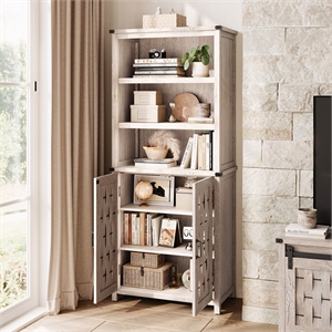 72&quot Tall 6 Tier Farmhouse Bookcase Light Gray Door Adjustable Shelves