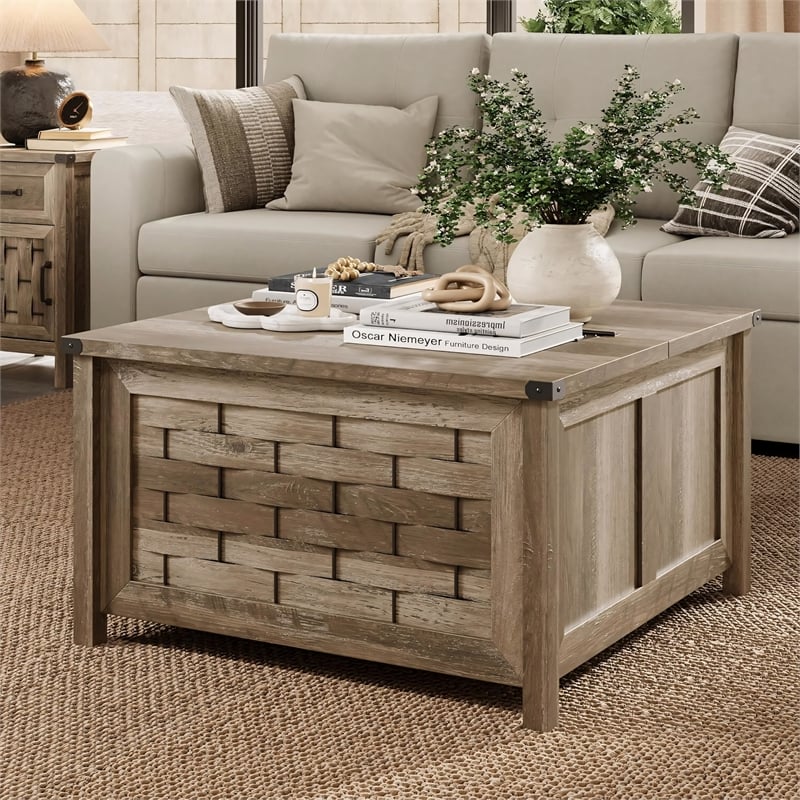 Square Farmhouse Coffee Table Light Brown Hidden Storage Compartment
