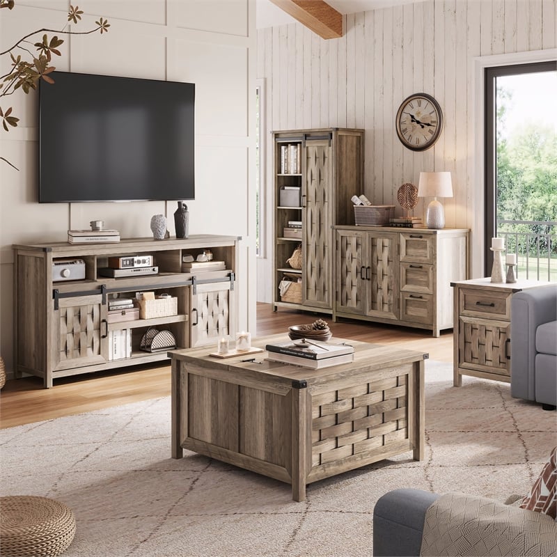 Square Farmhouse Coffee Table Light Brown Hidden Storage Compartment