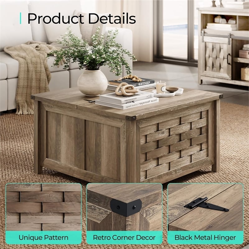 Square Farmhouse Coffee Table Light Brown Hidden Storage Compartment