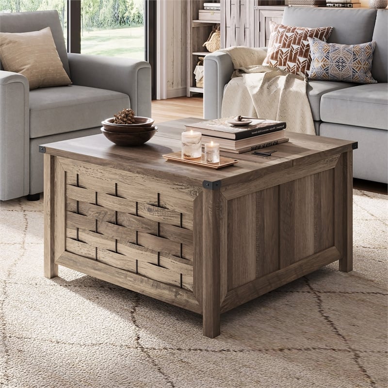 Square Farmhouse Coffee Table Light Brown Hidden Storage Compartment