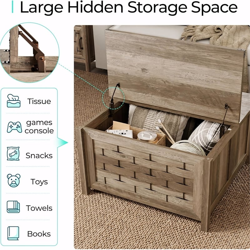Square Farmhouse Coffee Table Light Brown Hidden Storage Compartment