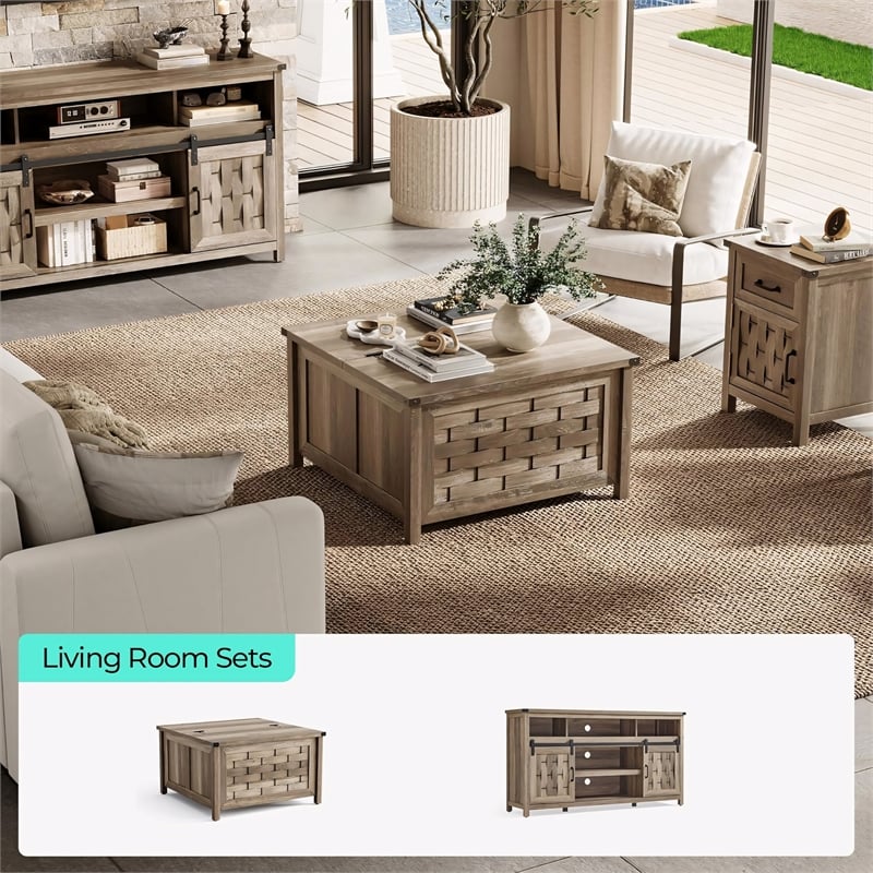 Square Farmhouse Coffee Table Light Brown Hidden Storage Compartment