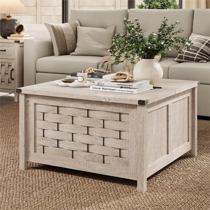 Square Farmhouse Coffee Table Light Gray Hidden Storage Compartment