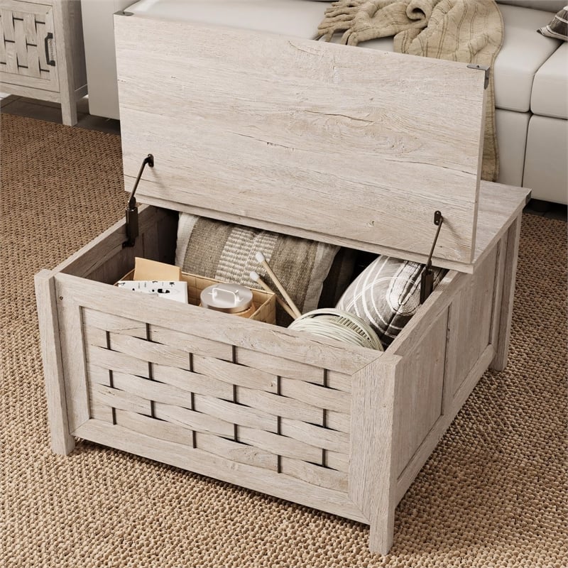 Square Farmhouse Coffee Table Light Gray Hidden Storage Compartment
