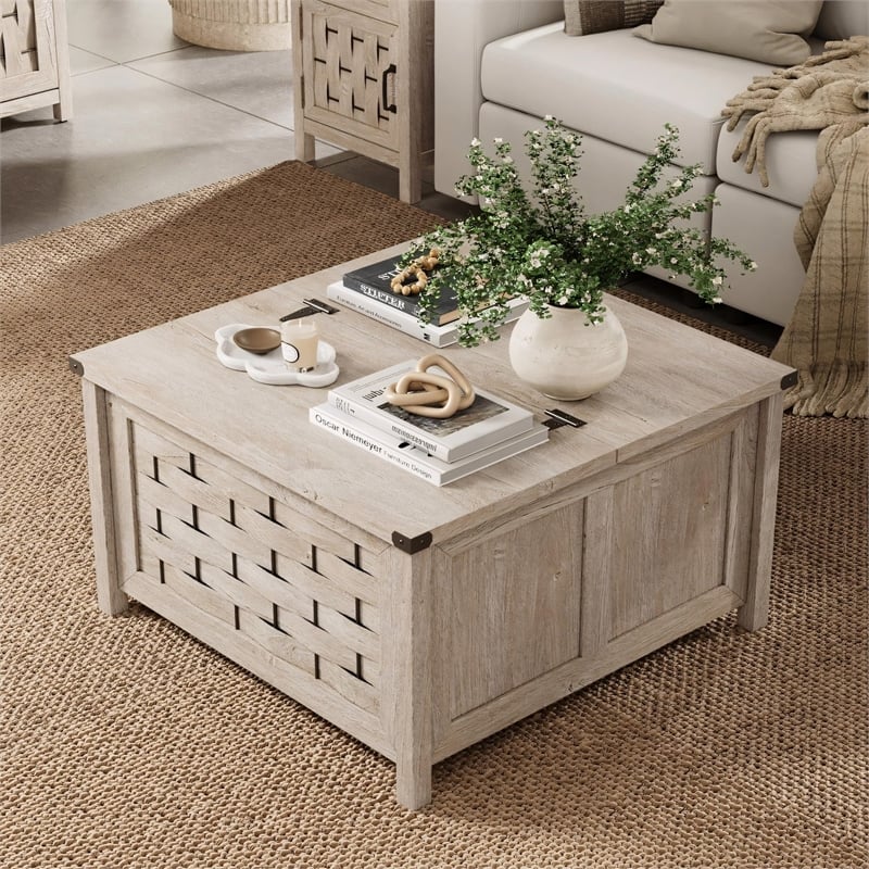 Square Farmhouse Coffee Table Light Gray Hidden Storage Compartment