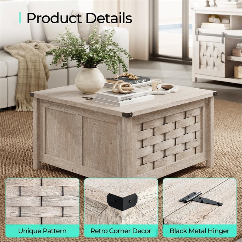 Square Farmhouse Coffee Table Light Gray Hidden Storage Compartment