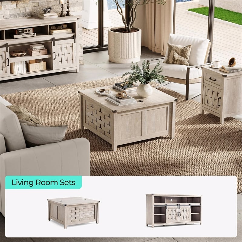 Square Farmhouse Coffee Table Light Gray Hidden Storage Compartment