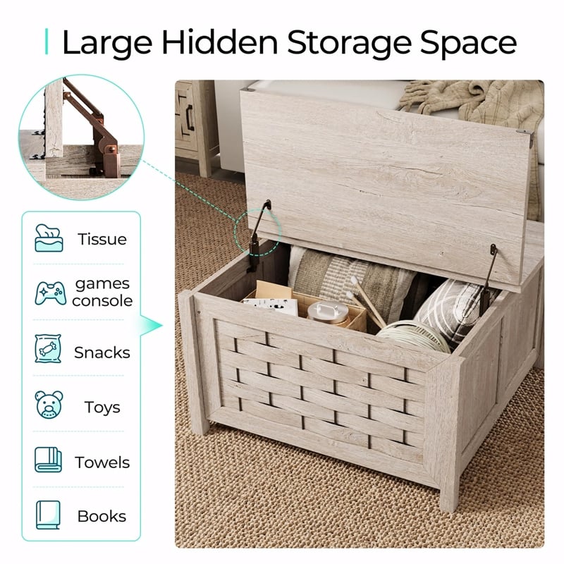 Square Farmhouse Coffee Table Light Gray Hidden Storage Compartment