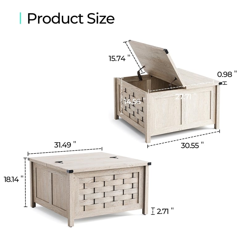 Square Farmhouse Coffee Table Light Gray Hidden Storage Compartment