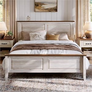 Rustic Queen Bed Frame Beige Headboard Footboard No Box Spring