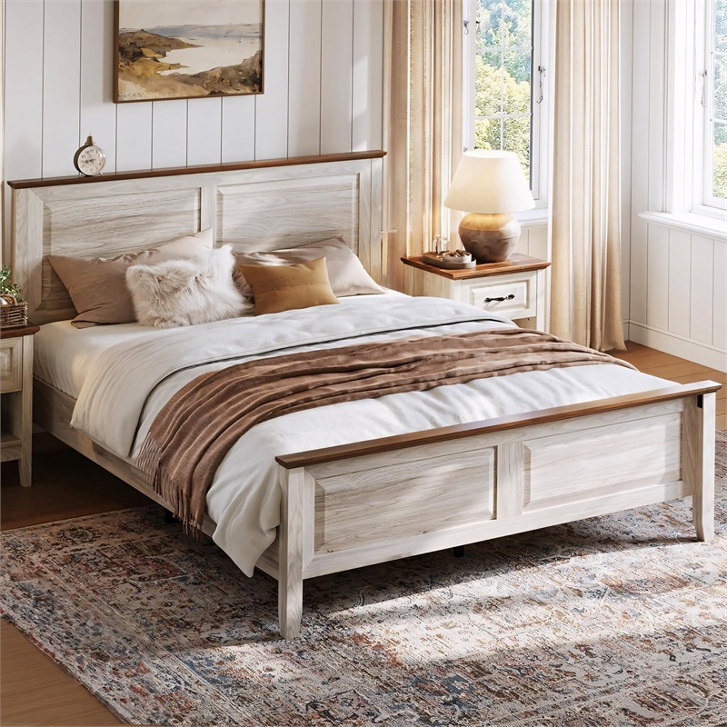 Rustic Queen Bed Frame Beige Headboard Footboard No Box Spring
