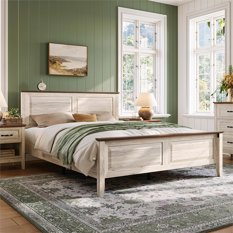 Rustic Queen Bed Frame Beige Headboard Footboard No Box Spring
