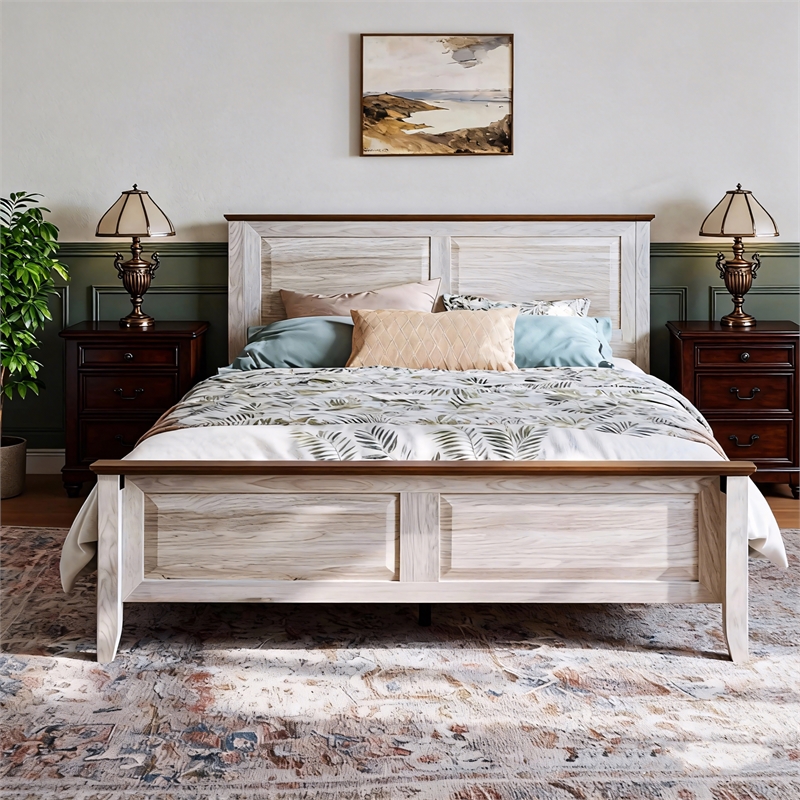 Rustic Queen Bed Frame Beige Headboard Footboard No Box Spring