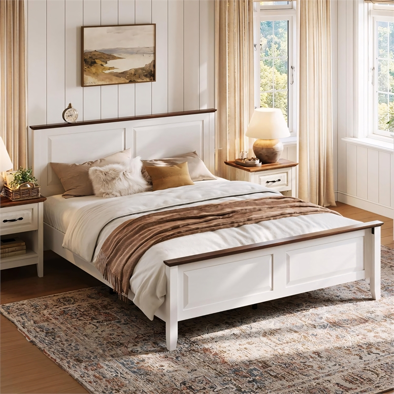 Rustic Queen Bed Frame White Headboard Footboard No Box Spring