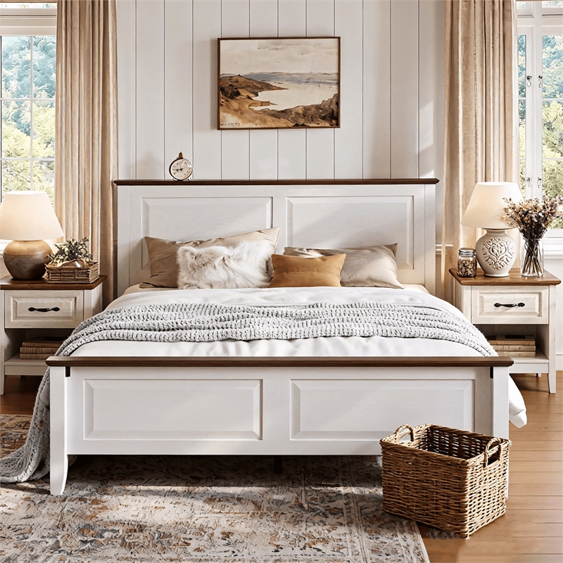 Rustic Queen Bed Frame White Headboard Footboard No Box Spring