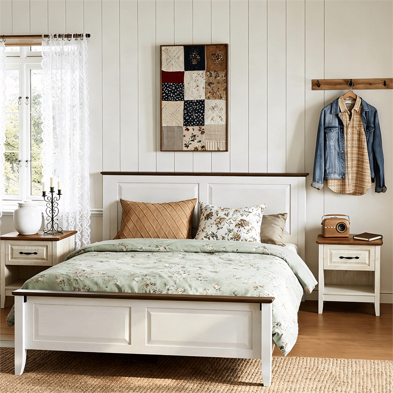 Rustic Queen Bed Frame White Headboard Footboard No Box Spring