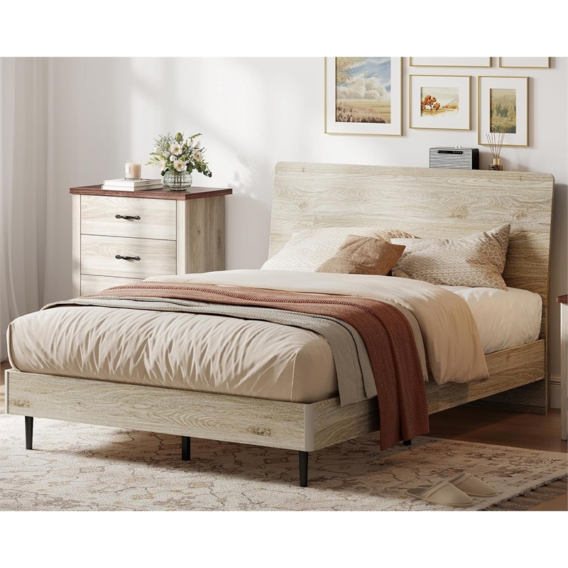 Ergonomic Full Bed Frame Beige Storage Shelf Noise-Free No Box Spring