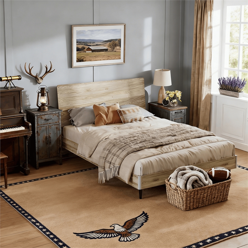 Ergonomic Full Bed Frame Beige Storage Shelf Noise-Free No Box Spring