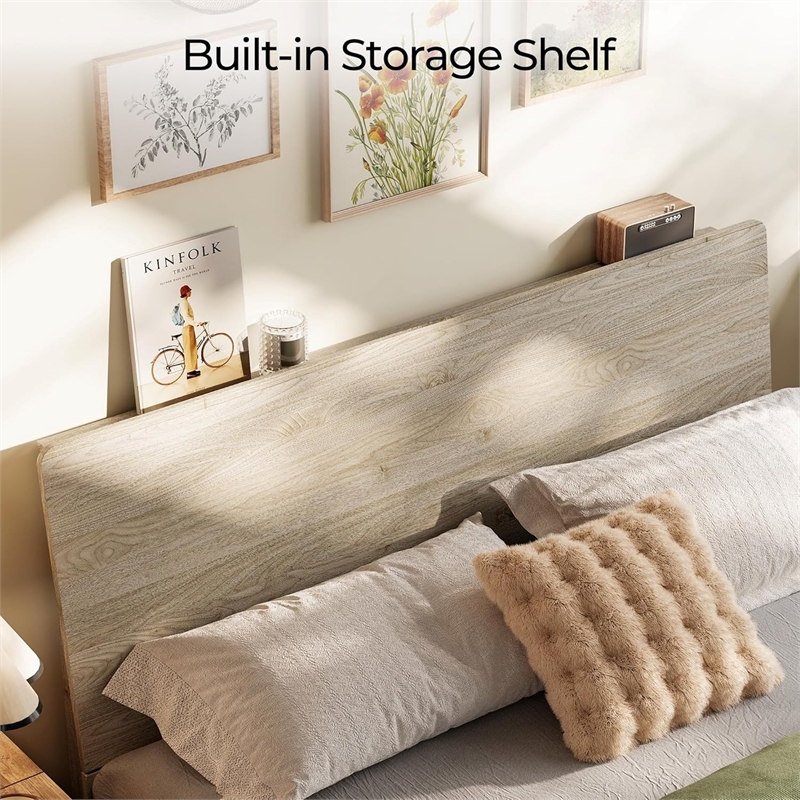 Ergonomic Full Bed Frame Beige Storage Shelf Noise-Free No Box Spring