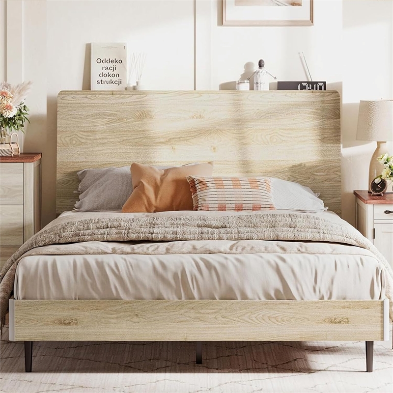 Ergonomic Full Bed Frame Beige Storage Shelf Noise-Free No Box Spring