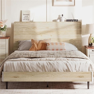 Ergonomic Full Bed Frame Beige Storage Shelf Noise-Free No Box Spring