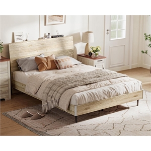 Ergonomic Full Bed Brown Storage Shelf LED Lights USB Charging