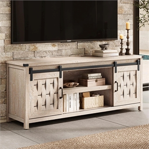 70&quot Farmhouse TV Stand Light Gray Sliding Barn Door Adjustable Shelves