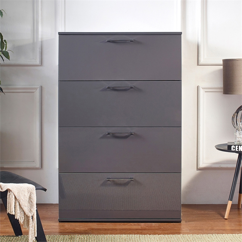 Klair Living Bliss Glossy 4-Drawer Engineered Wood Jumbo Chest in Dark Gray