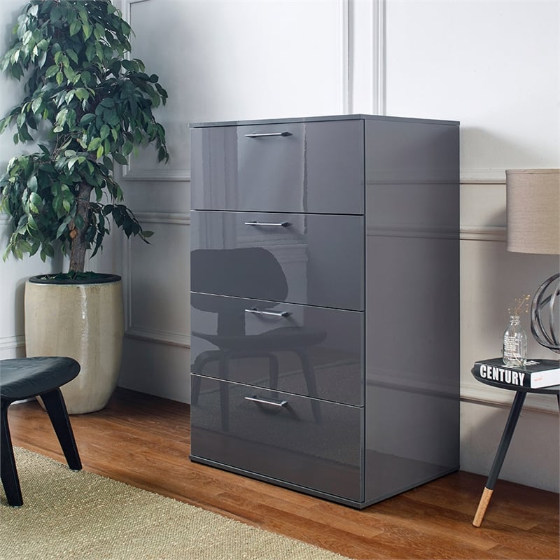 Klair Living Bliss Glossy 4-Drawer Engineered Wood Jumbo Chest in Dark Gray