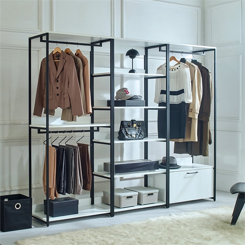 Fiona White Freestanding Walk in Wood Closet System with Metal Frame
