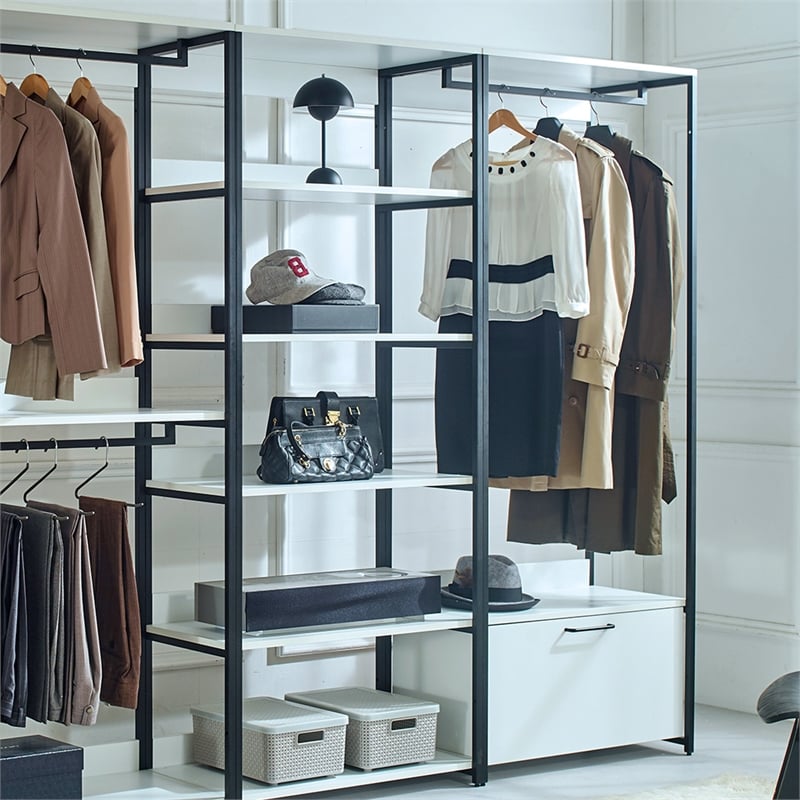 Fiona White Freestanding Walk in Wood Closet System with Metal Frame