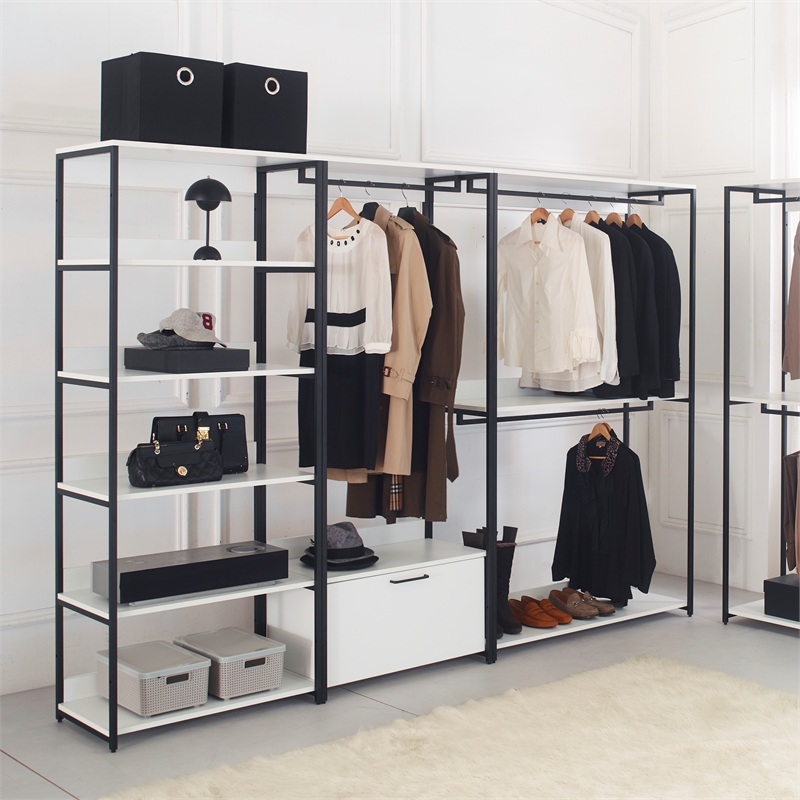 Fiona White Freestanding Walk in Wood Closet System with Metal Frame