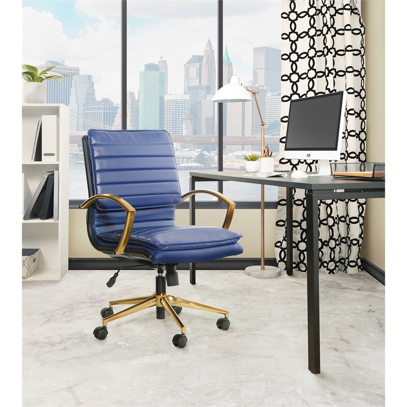 Urbanpro Mid-Back Faux Leather Chair with Gold Finish in Navy Faux Leather