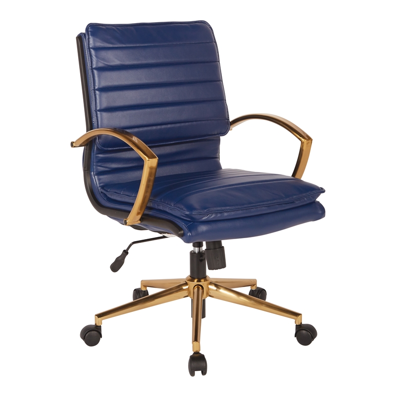 Urbanpro Mid-Back Faux Leather Chair with Gold Finish in Navy Faux Leather