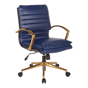 Urbanpro Mid-Back Faux Leather Chair with Gold Finish in Navy Faux Leather