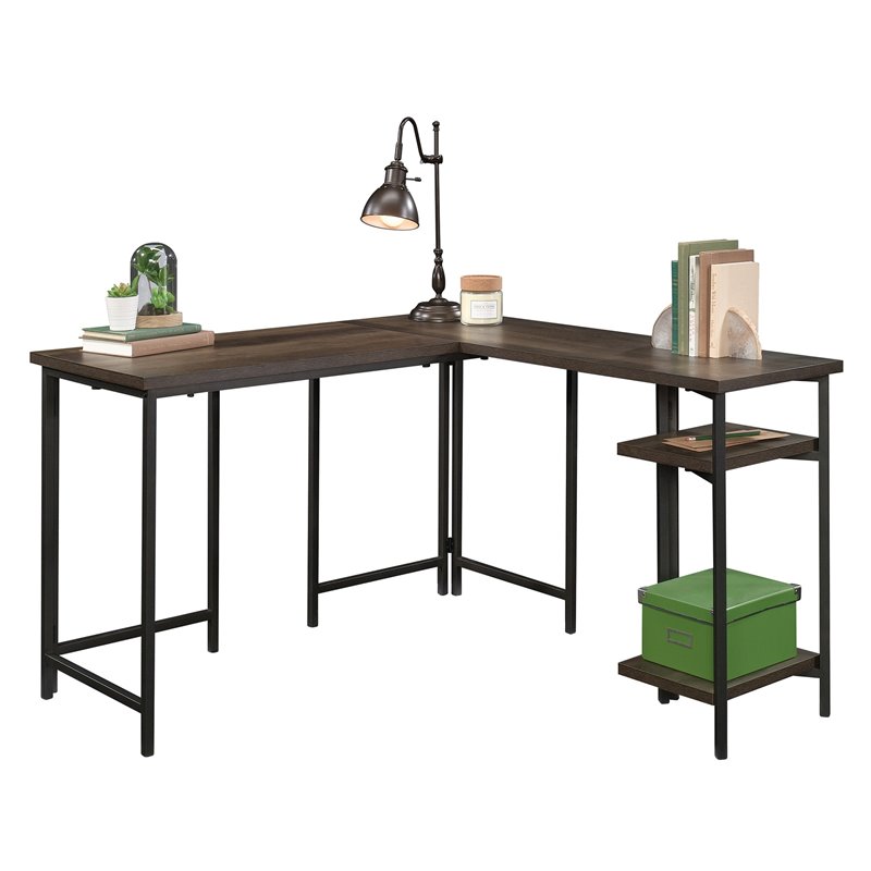 UrbanPro Mid-Century Wood and Metal L-Shape Desk in Smoked Oak