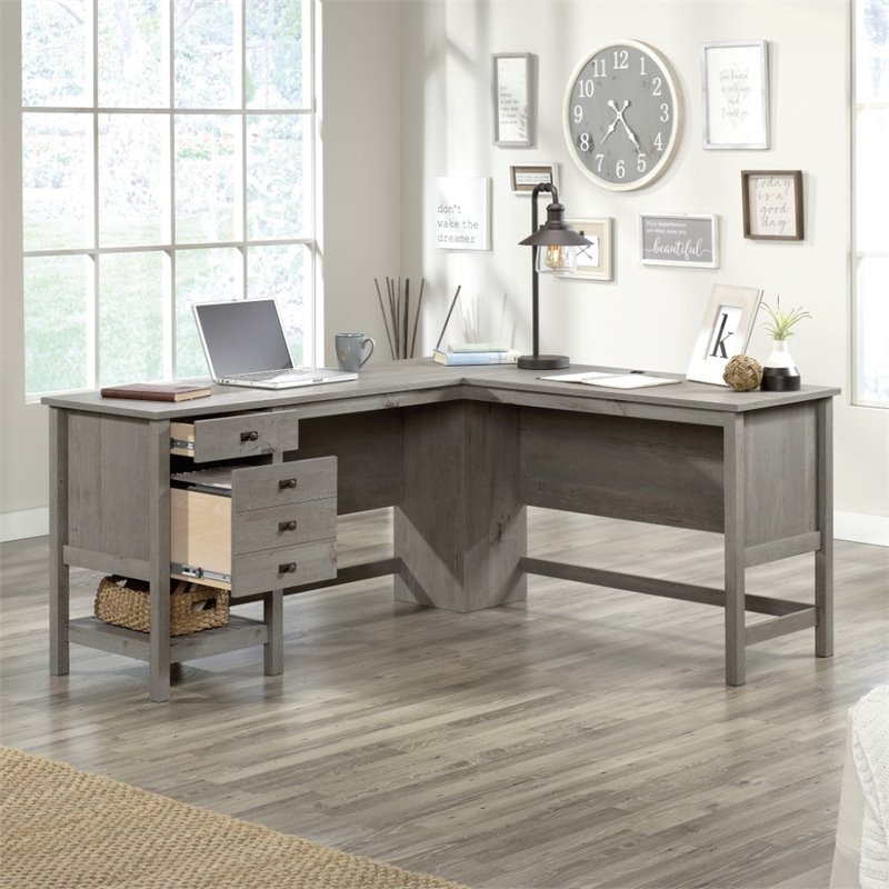 UrbanPro L-shaped Farmhouse Engineered Wood Computer Desk in Mystic Oak